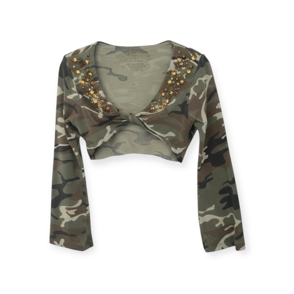 Flowers by Zoe ꕥ Camo Print Crystal Shrug Jacket Top ꕥ Army Green Camo ꕥ 5 5T - Picture 14 of 16